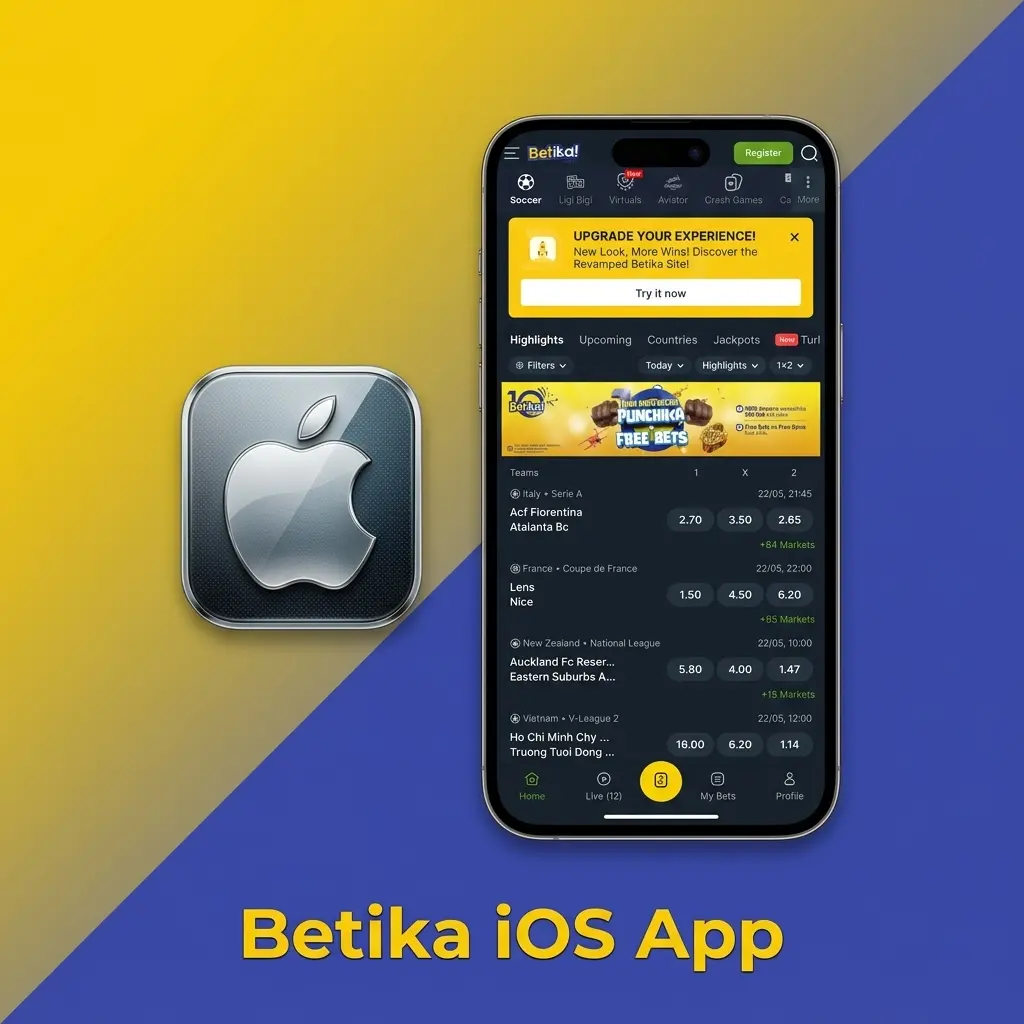 Betika iOS app on iPhone and iPad showing sports betting and casino features, free to download from the App Store