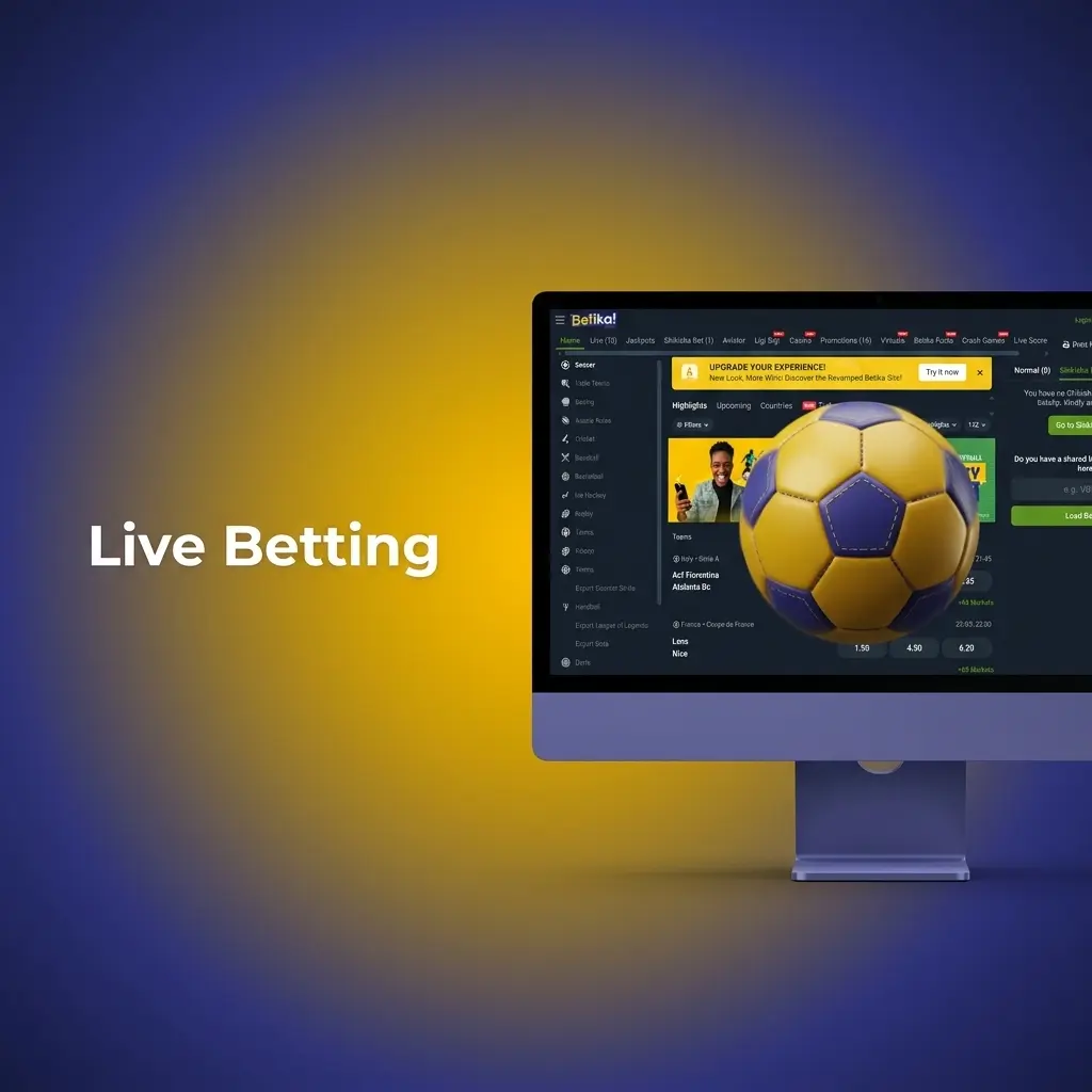 Betika live betting interface showing in-play odds for football, basketball, tennis, and eSports markets in Kenya
